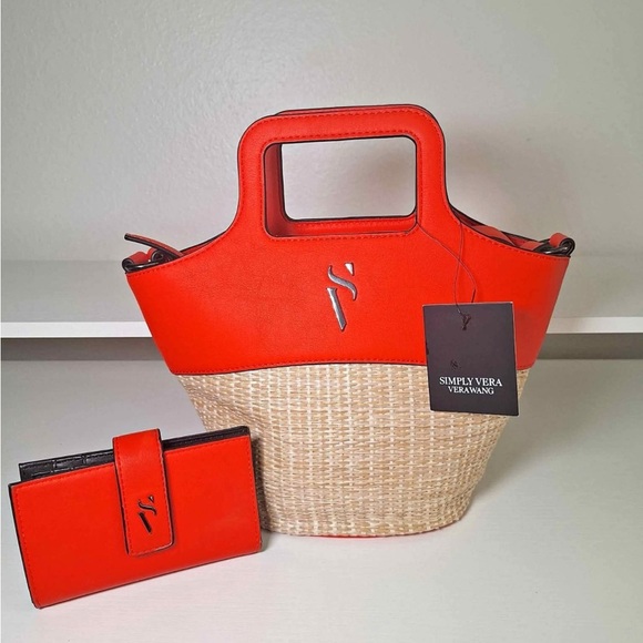Simply Vera Vera Wang Top Handle Straw Crossbody Redish Orange/ Straw NWT - Picture 1 of 4